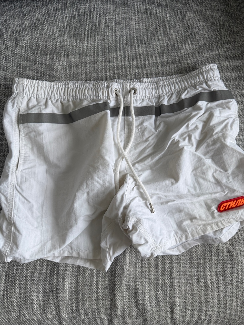 Heron Preston White Swim Shorts with Reflective Stripe and Red Patch